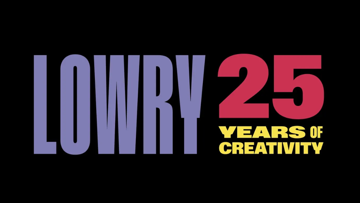 Colourful graphic text on black background. 'Lowry' in capitals and purple. '25' is bright red, and 'years of creativity' in vibrant yellow.