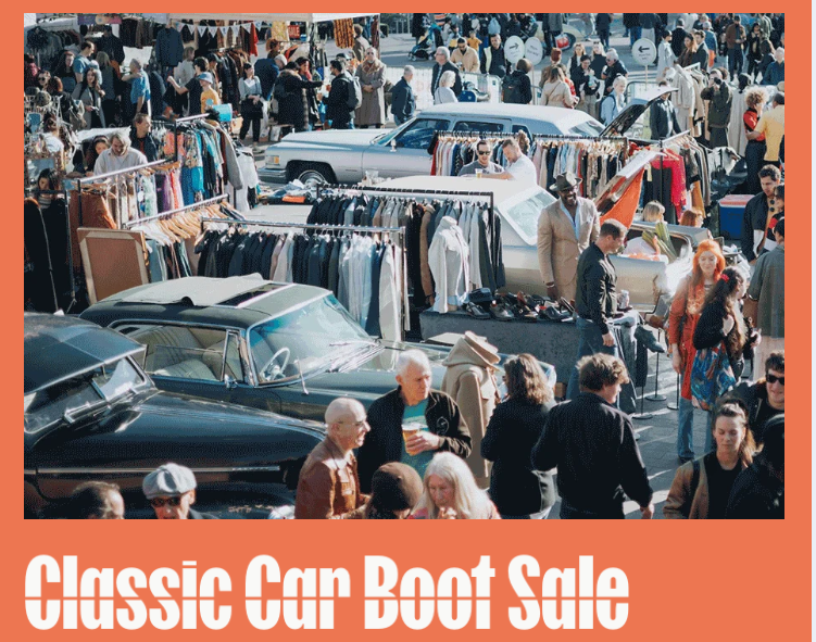 Photos of classic cars at a car boot sale, rows of clothes rails with people walking around