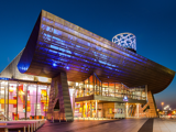Exterior view of the Lowry at night