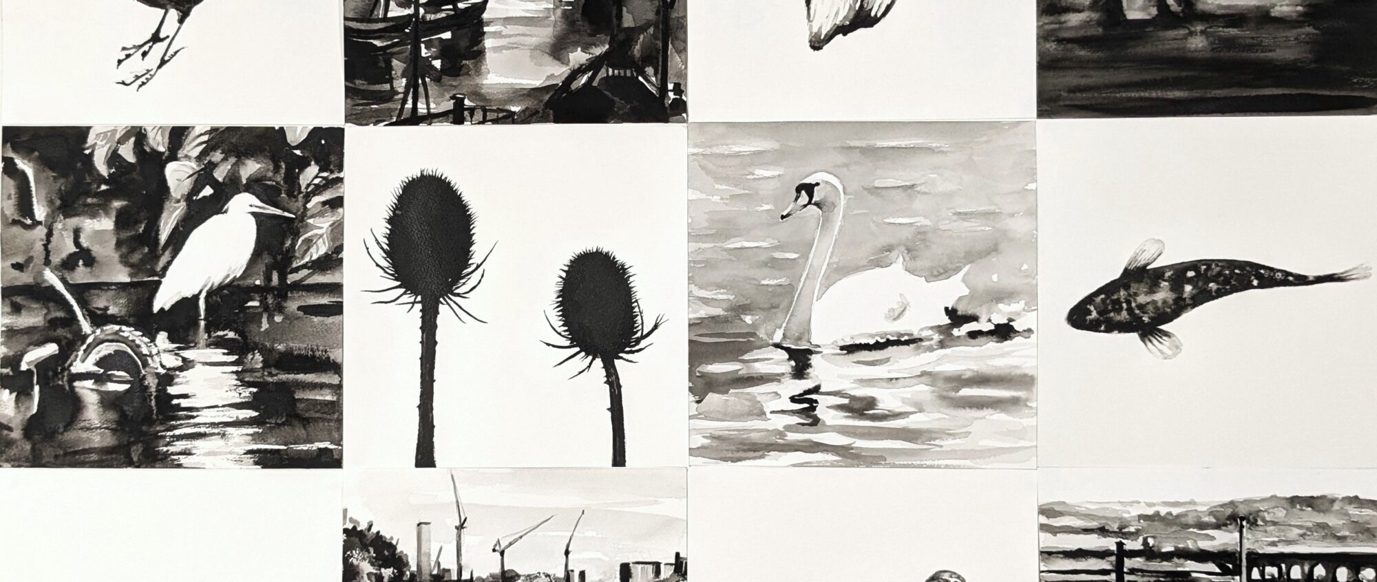 A collection of black-and-white ink drawings and paintings arranged in a grid, each depicting nature and landscape elements. The artworks feature birds such as a heron and a swan, a fish swimming, plants with spiky silhouettes, boats in a harbour, tall construction cranes, and water reflections. The drawings are rendered in a loose, expressive style, emphasising contrast and texture.