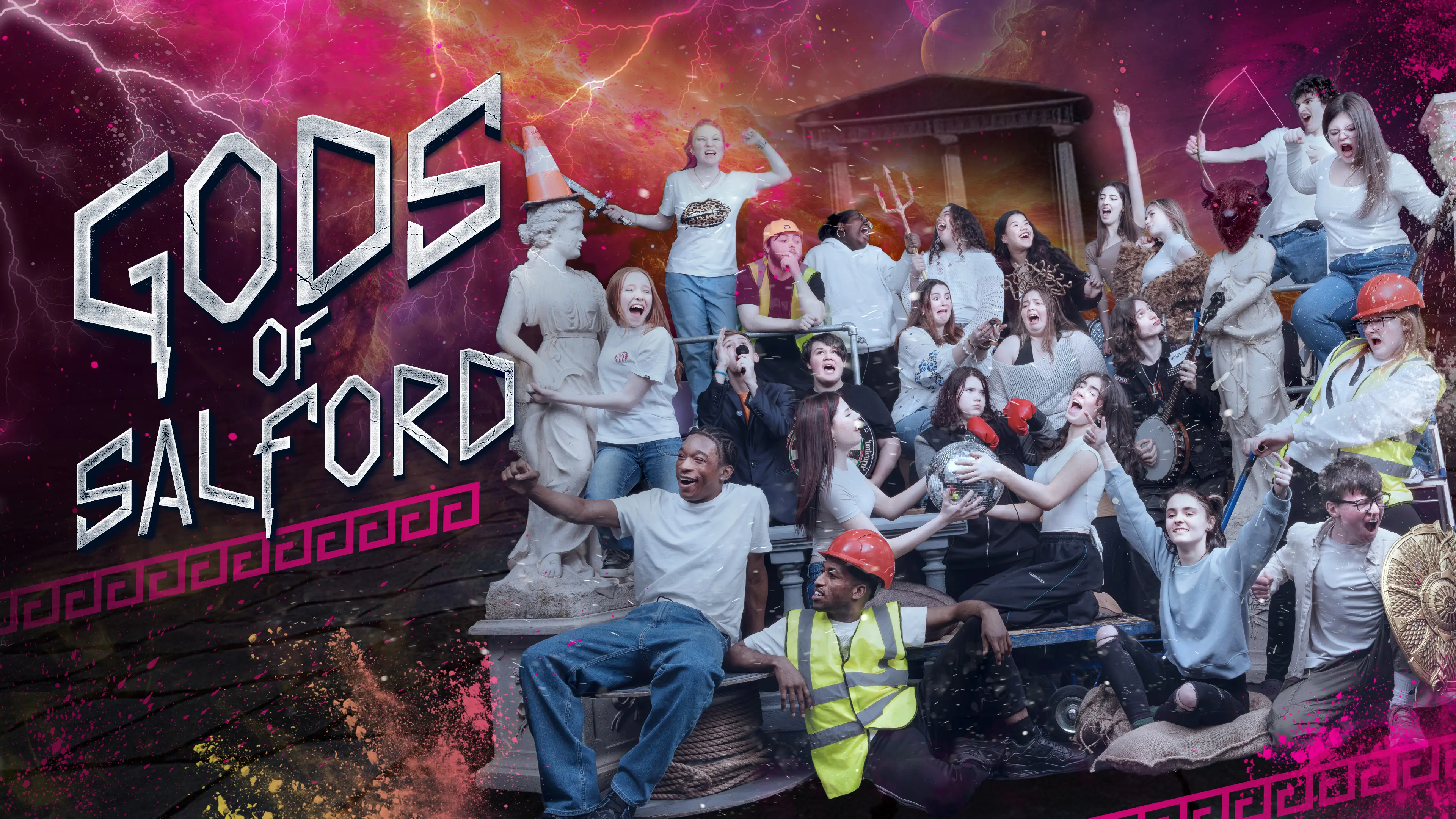 A digitally edited promotional image for 'Gods of Salford' features a diverse group of young performers in a dramatic, chaotic scene inspired by Greek mythology. They are positioned around classical statues, striking dynamic poses with props like shields, tridents, and musical instruments. Some wear modern clothing, while others sport mythological elements like Medusa-like hair and animal masks. The background blends ancient architecture with a stormy, cosmic sky. The bold metallic title, 'Gods of Salford,' appears on the left.